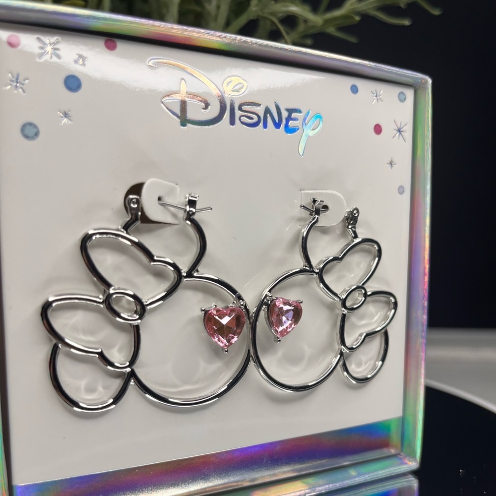 Disney Mickey Mouse Silver Outline Earrings Pink Heart Crystal NWT - Picture 2 of 4